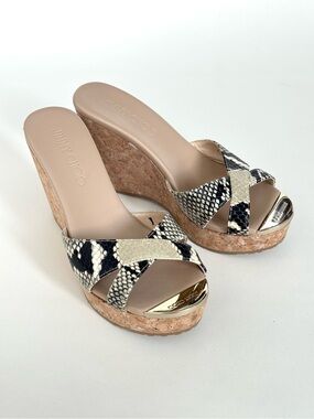 Jimmy Choo Black & Cream Snake-Print Pandora Cork Wedge Mules - Size 35